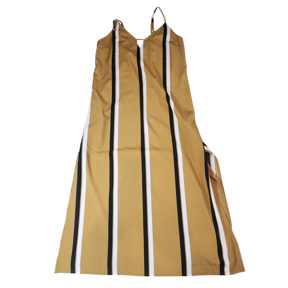 Society Amuse Mustard Stripe Midi Dress Size Small slits lightweight  lined